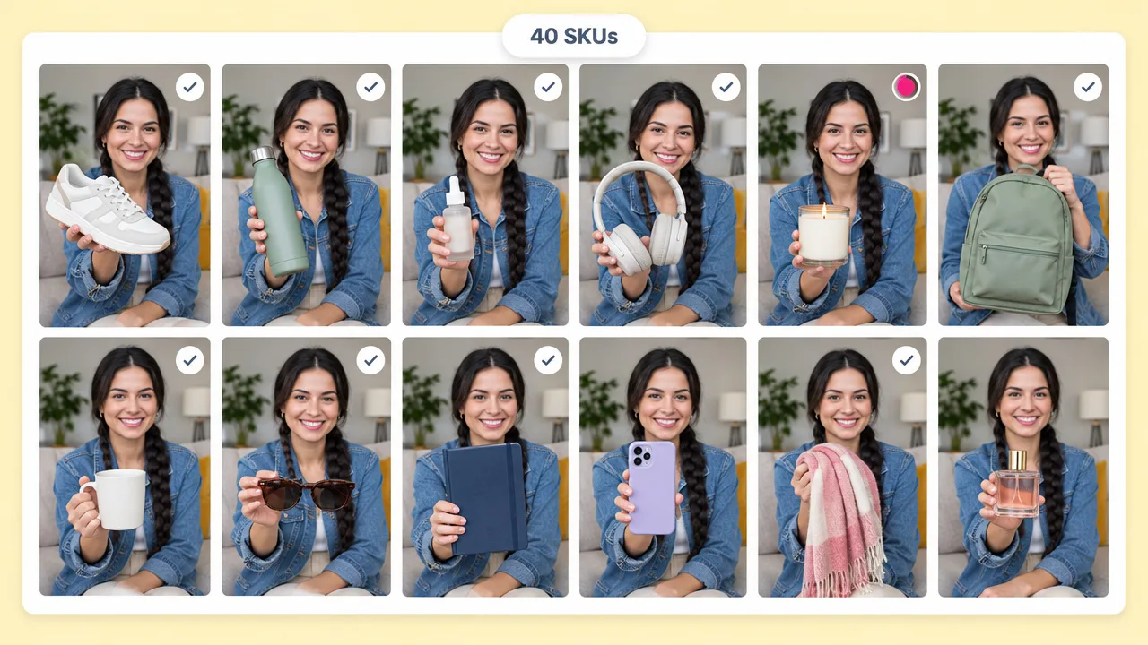 Grid of 40 product videos from one AI UGC ad generator format, a woman in a denim jacket showing shoes, bottles, headphones and more