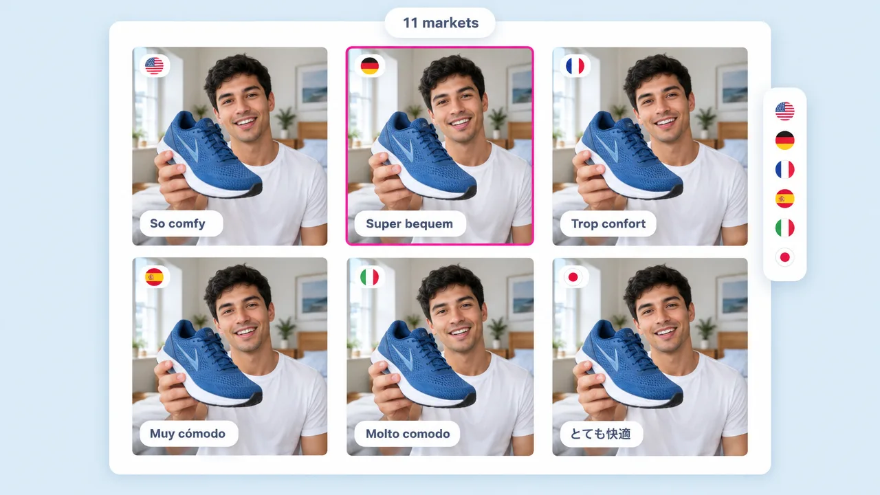 The same sneaker UGC ad localized for 11 markets, with captions like So comfy, Muy cómodo and a Japanese line