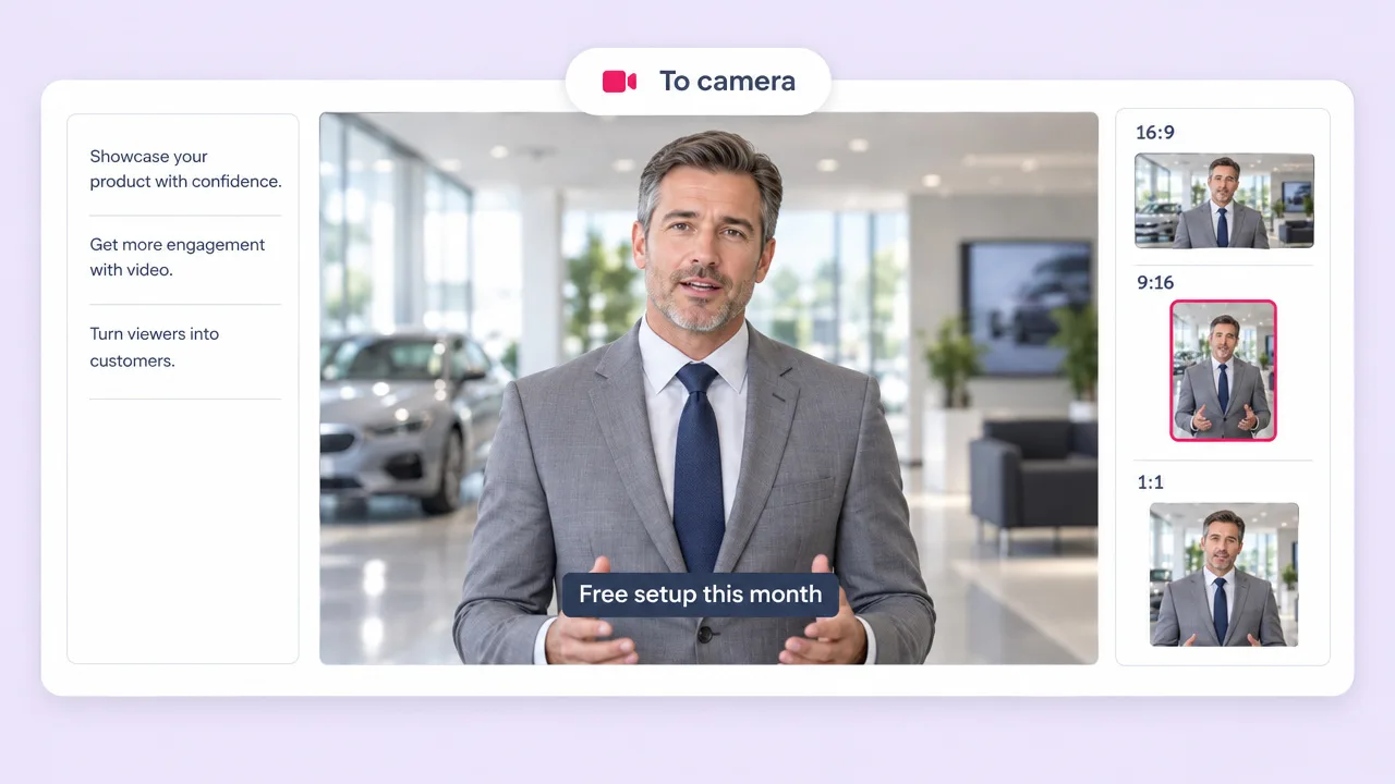 Spokesperson ad of a man in a grey suit in a car showroom saying Free setup this month, with 16:9, 9:16 and 1:1 versions