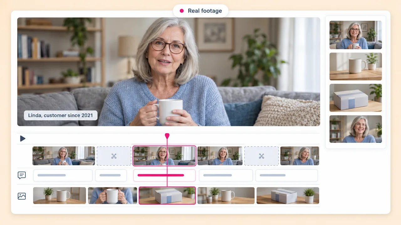 Editor timeline cutting real testimonial footage of Linda, customer since 2021, holding a mug in her living room