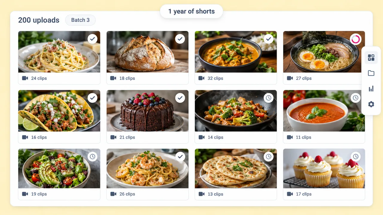 YouTube clip maker working through 200 cooking uploads, with pasta, bread, ramen and cake videos each showing clips found