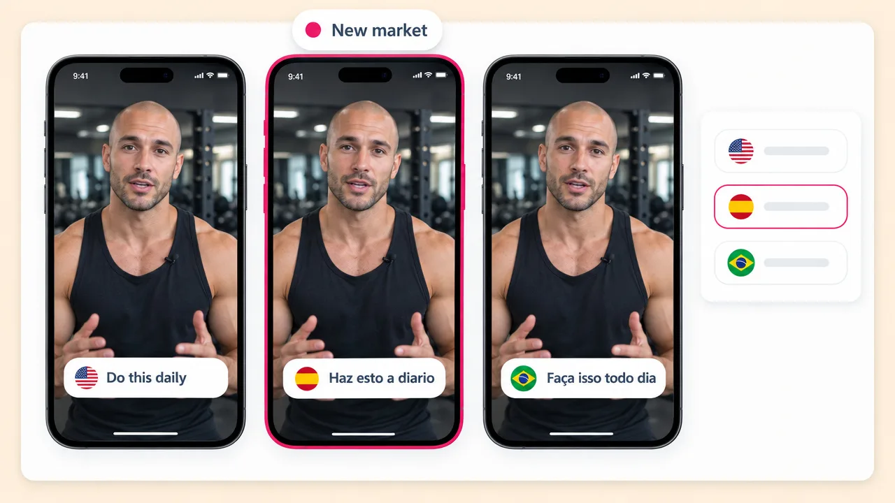 One fitness creator short dubbed into three languages on phones, captioned Do this daily, Haz esto a diario and Faça isso todo dia