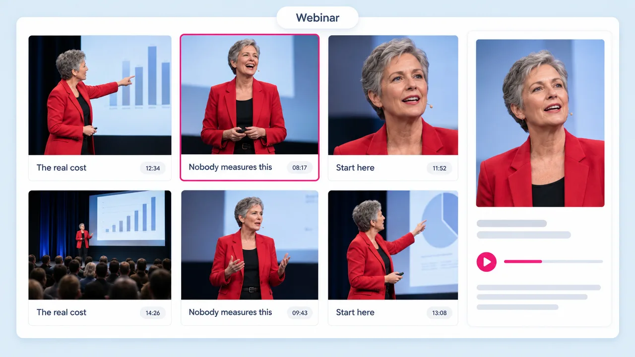 Six vertical clips cut from a conference webinar of a speaker in a red blazer, titled The real cost, Nobody measures this and Start here