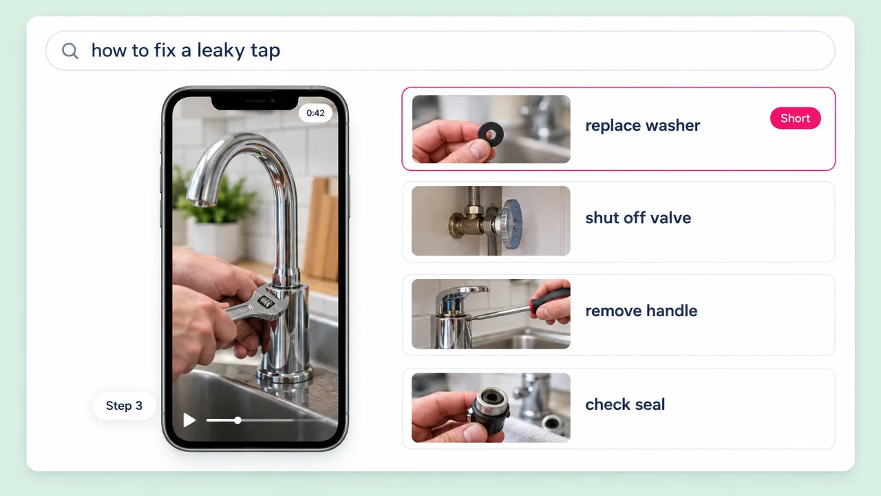 Search for how to fix a leaky tap showing a Step 3 vertical short and clips for replace washer, shut off valve and check seal