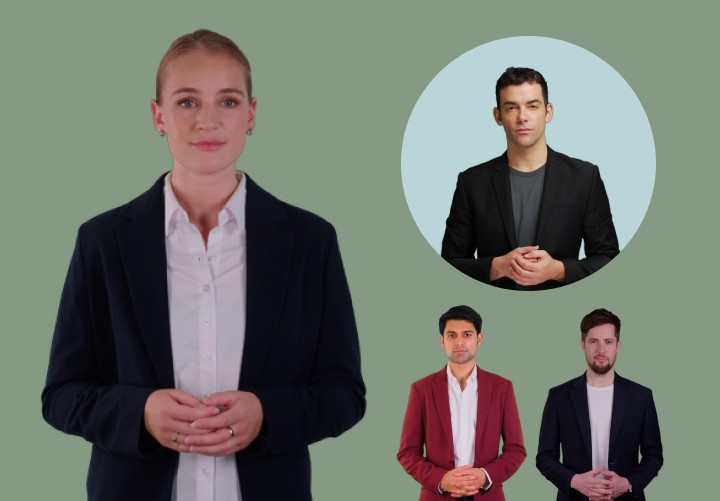 AI avatars showcasing diverse presenters in formal attire, ready to deliver video content