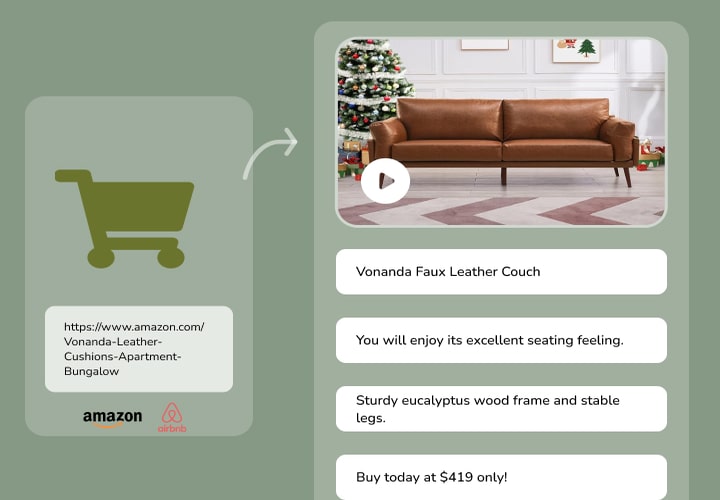Illustration of Fliki's Product video maker showing conversion of product URL into video with high quality visuals and voiceovers