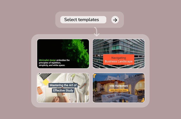 Selection of diverse video templates for various themes like design, business, marketing, and social, etc