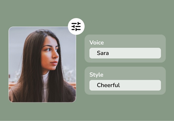 Profile of an AI voice named Sara with cheerful style setting