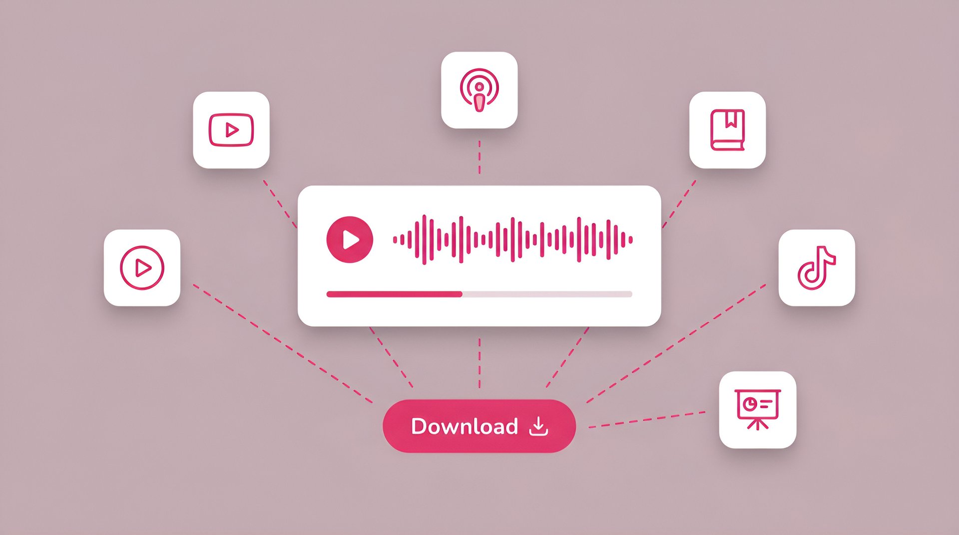 Audio player interface with a download button, connecting generated voiceovers to platforms like YouTube, TikTok, and podcasts.