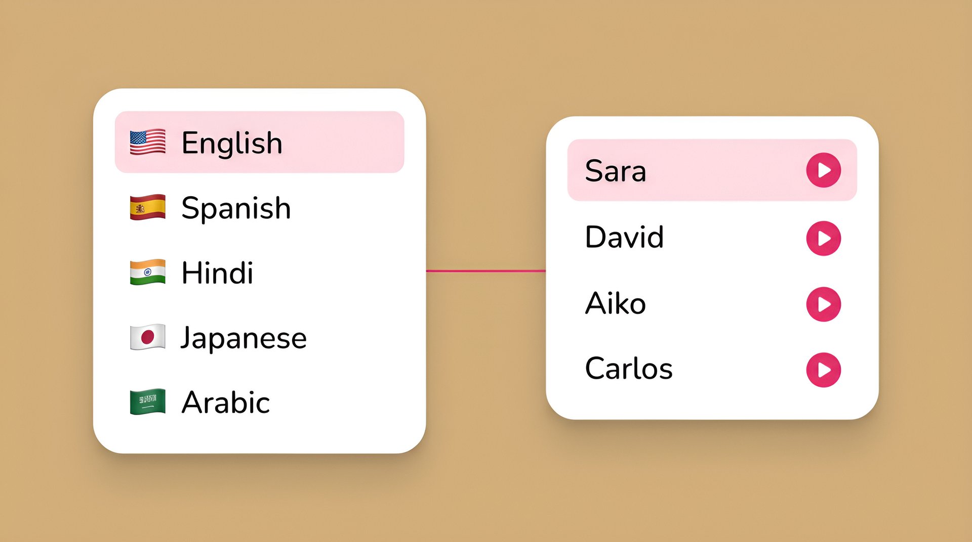 Interface showing language selection and diverse AI voice profiles to choose different accents and tones for voiceovers.