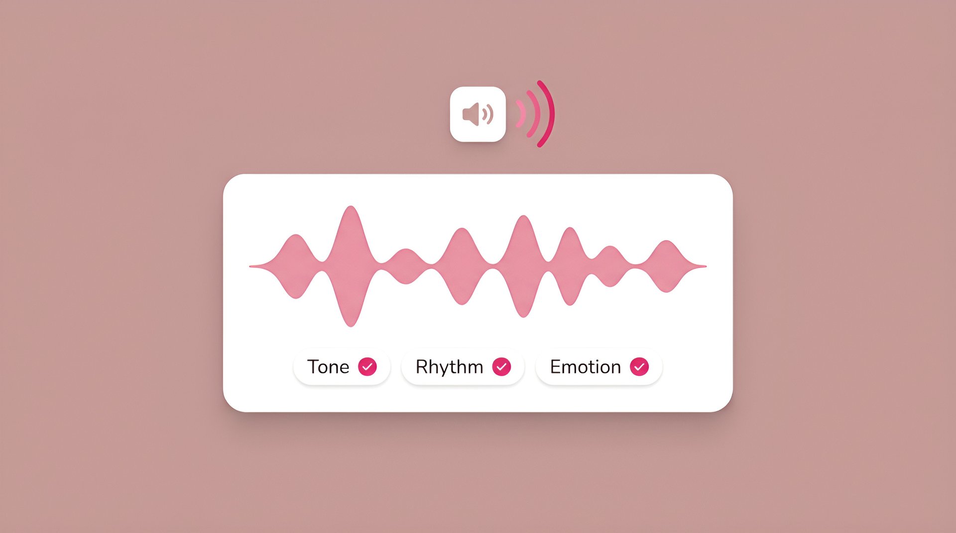 UI displaying an audio waveform with tone, rhythm, and emotion settings for generating natural-sounding human-like AI voices.