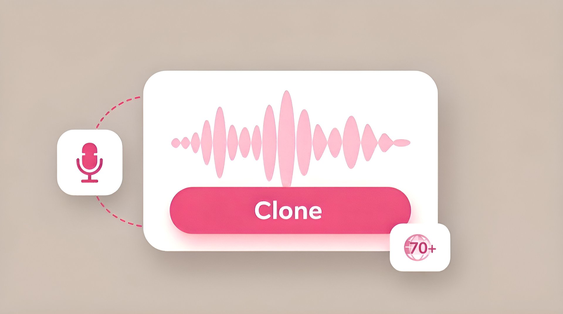 UI showing a microphone input and a Clone button to create personalized AI voice clones from a short audio sample.
